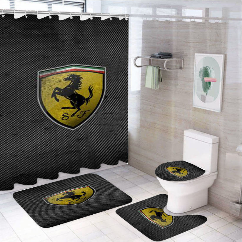 Porsche Logo Grey Background 4Pcs Bathroom Non-Slip Rugs Shower Curtain Fabric Waterproof