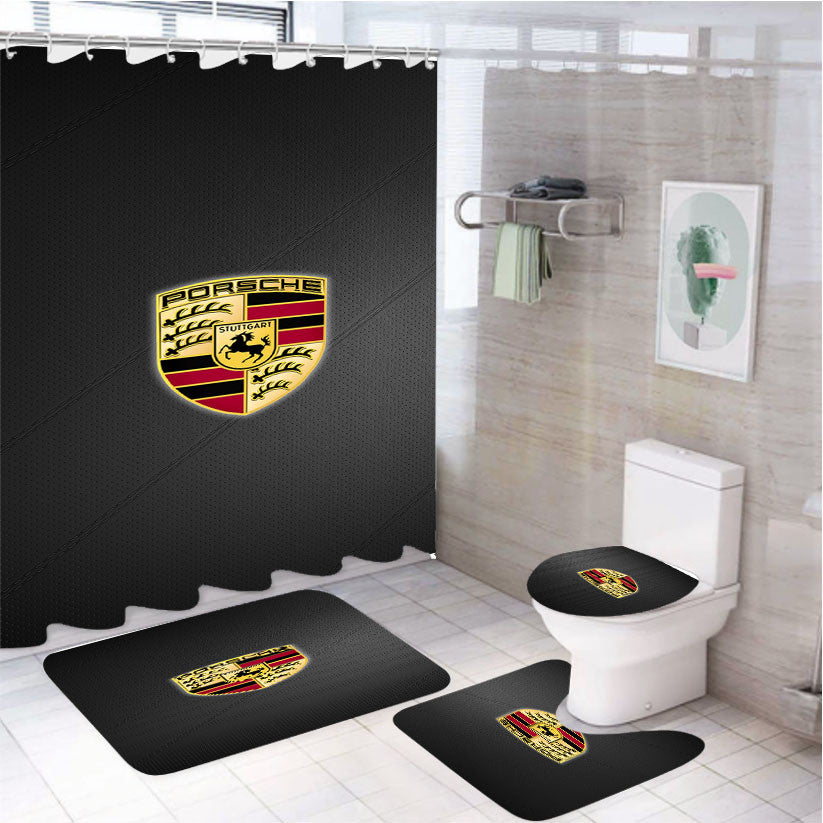 Porsche Logo Leather 4Pcs Bathroom Non-Slip Rugs Shower Curtain Fabric Waterproof