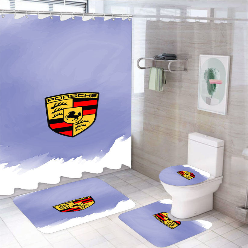 Porsche Water Color Blue 4Pcs Bathroom Non-Slip Rugs Shower Curtain Fabric Waterproof