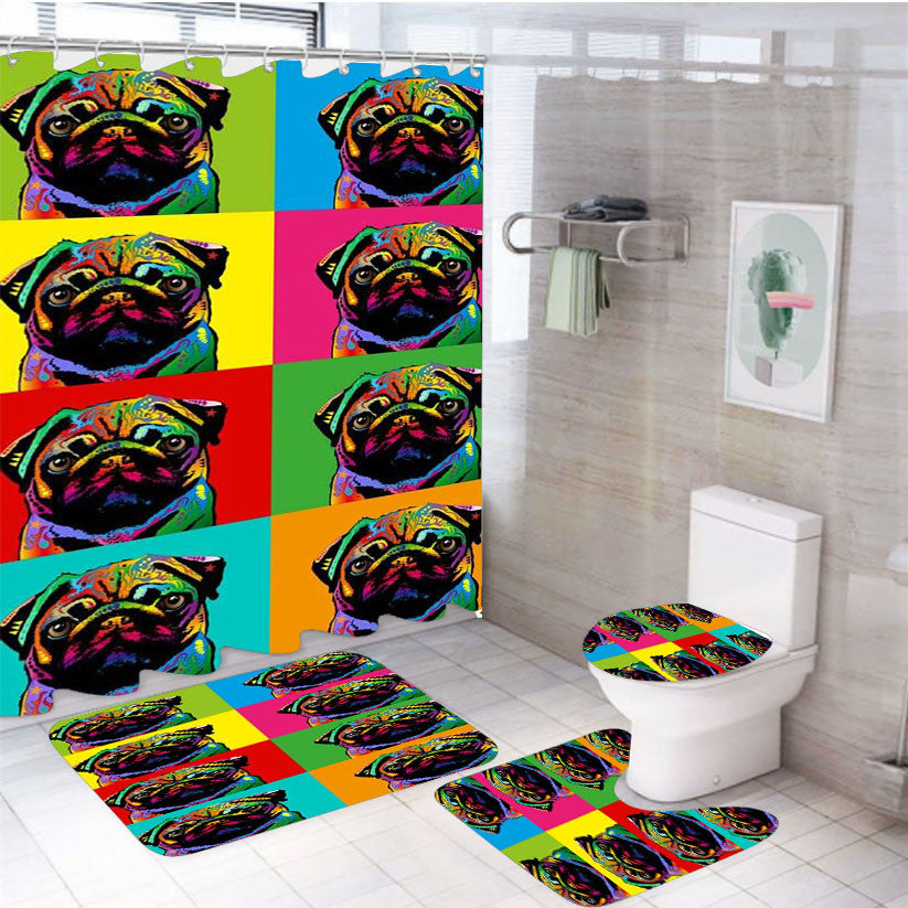 Portrait Pug Dog Face Pop Art Cute Face Pattern 4Pcs Bathroom Non-Slip Rugs Shower Curtain Fabric Waterproof
