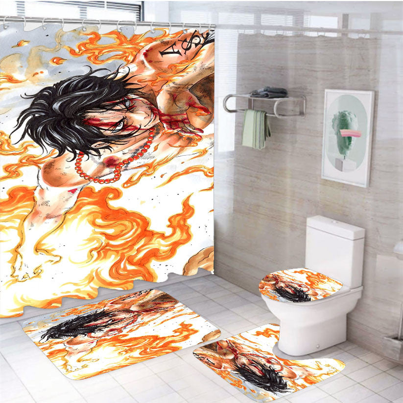 Portugaz D Ace 4Pcs Bathroom Non-Slip Rugs Shower Curtain Fabric Waterproof