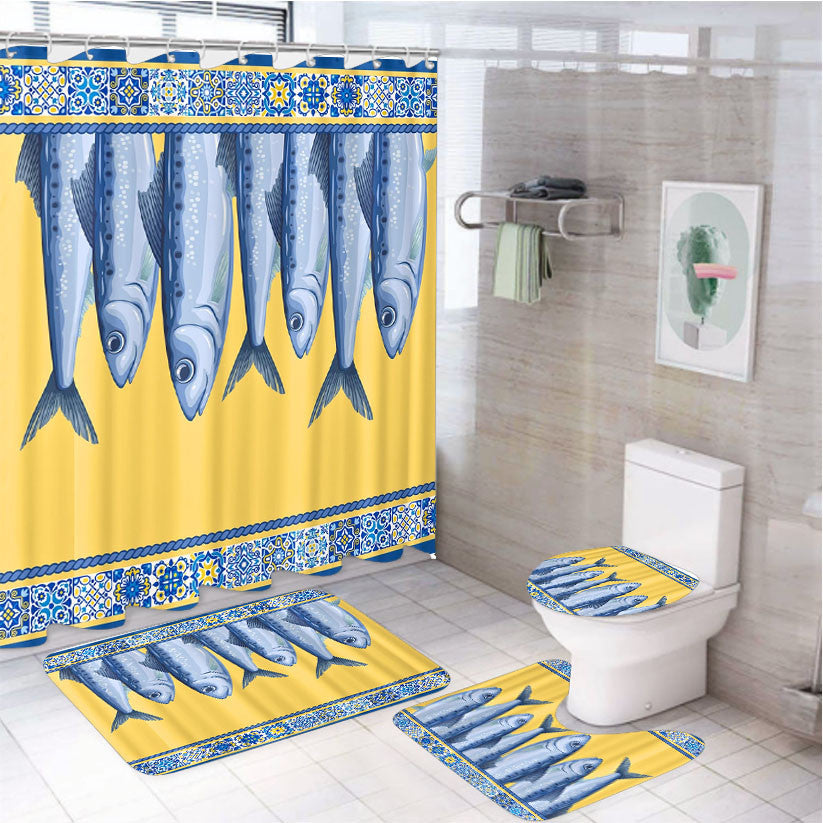 Portuguese Sardine 4Pcs Bathroom Non-Slip Rugs Shower Curtain Fabric Waterproof