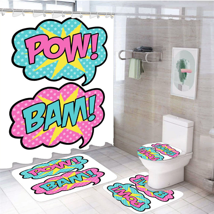 Pow Bam Balloon Comic Super Hero Wallpaper 4Pcs Bathroom Non-Slip Rugs Shower Curtain Fabric Waterproof