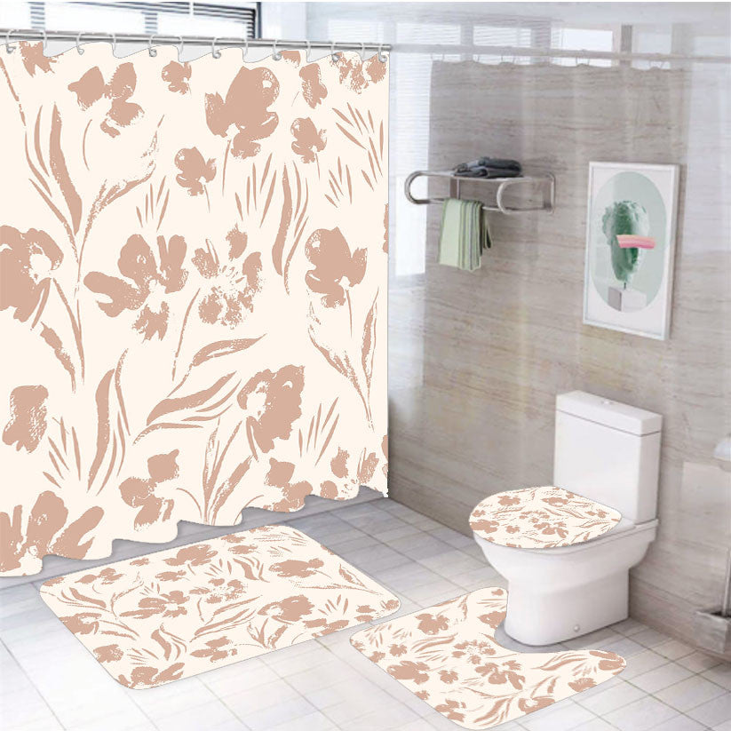Powder Flower Prints 4Pcs Bathroom Non-Slip Rugs Shower Curtain Fabric Waterproof