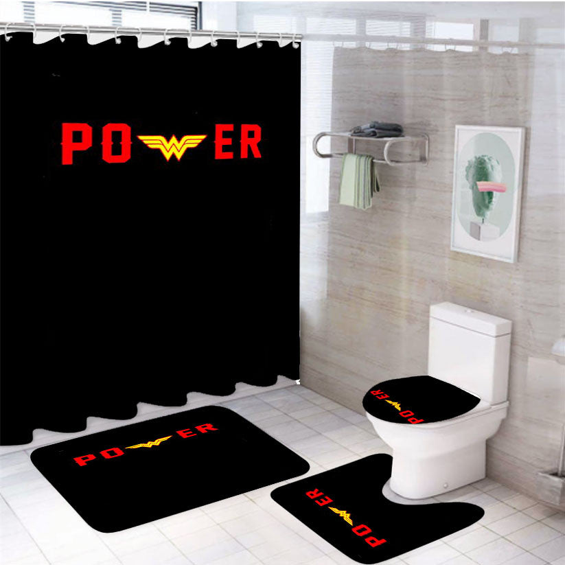 Power Wonder Woman Logo 4Pcs Bathroom Non-Slip Rugs Shower Curtain Fabric Waterproof
