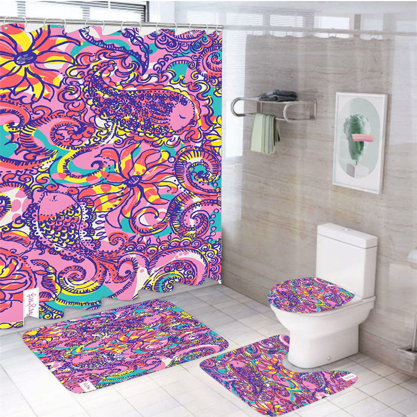 Preppy Flower Lilly Pulitzer 4Pcs Bathroom Non-Slip Rugs Shower Curtain Fabric Waterproof