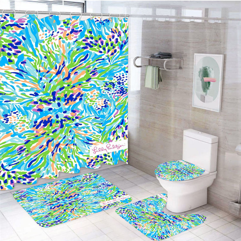 Preppy Lilly Pulitzer 4Pcs Bathroom Non-Slip Rugs Shower Curtain Fabric Waterproof