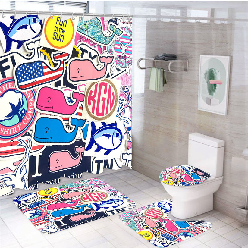 Preppy Vineyard Vines Whale Sticker 4Pcs Bathroom Non-Slip Rugs Shower Curtain Fabric Waterproof