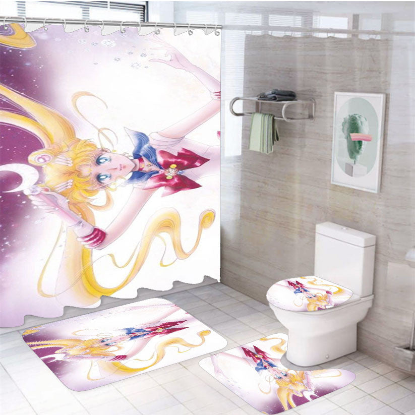 Pretty Guardian Sailor Moon Usagi Tsukino 4Pcs Bathroom Non-Slip Rugs Shower Curtain Fabric Waterproof