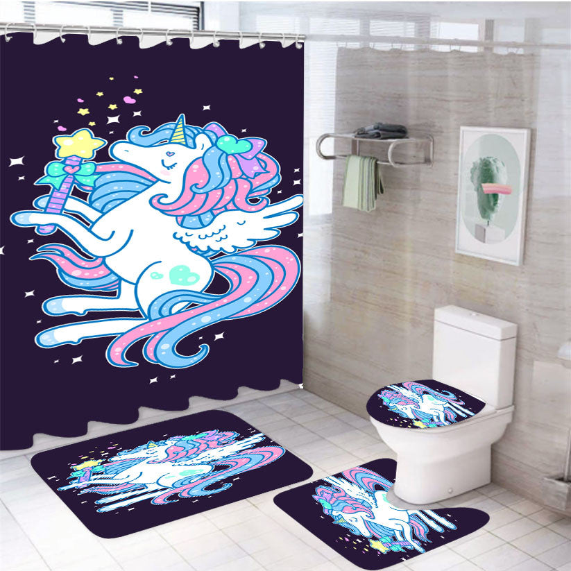 Pretty Unicorn Magic 4Pcs Bathroom Non-Slip Rugs Shower Curtain Fabric Waterproof