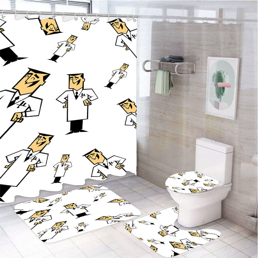 Professor Utonium Pattern Powerpuff Girls 4Pcs Bathroom Non-Slip Rugs Shower Curtain Fabric Waterproof