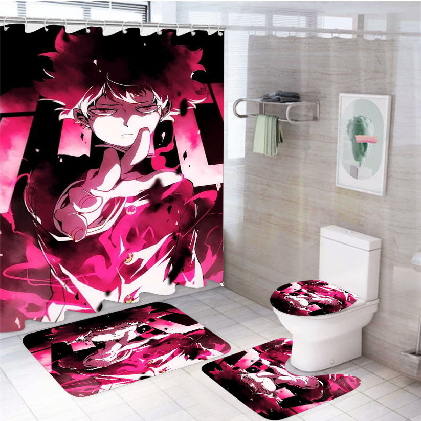 Psycho 100 Shigeo 4Pcs Bathroom Non-Slip Rugs Shower Curtain Fabric Waterproof