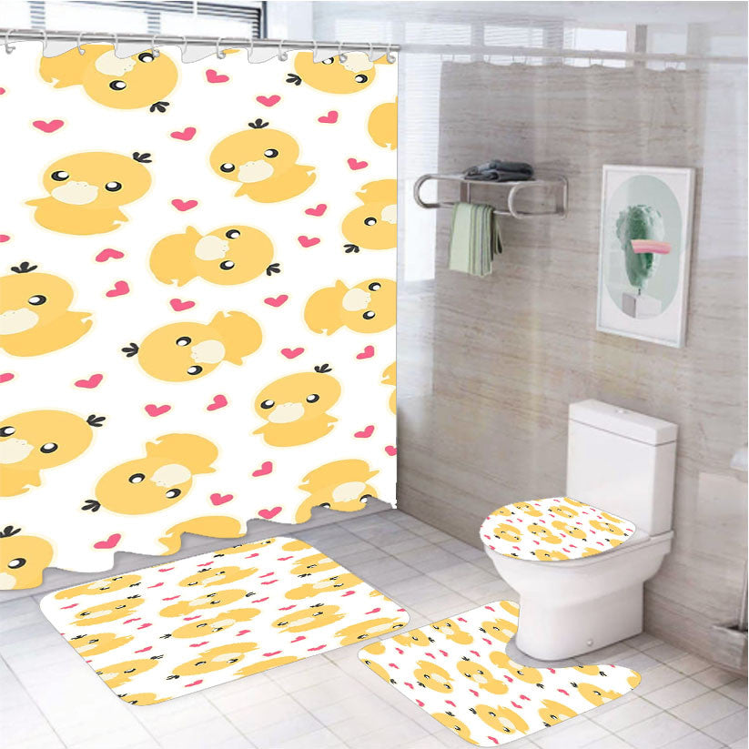 Psyduck Cute Pokemon Pattern 4Pcs Bathroom Non-Slip Rugs Shower Curtain Fabric Waterproof
