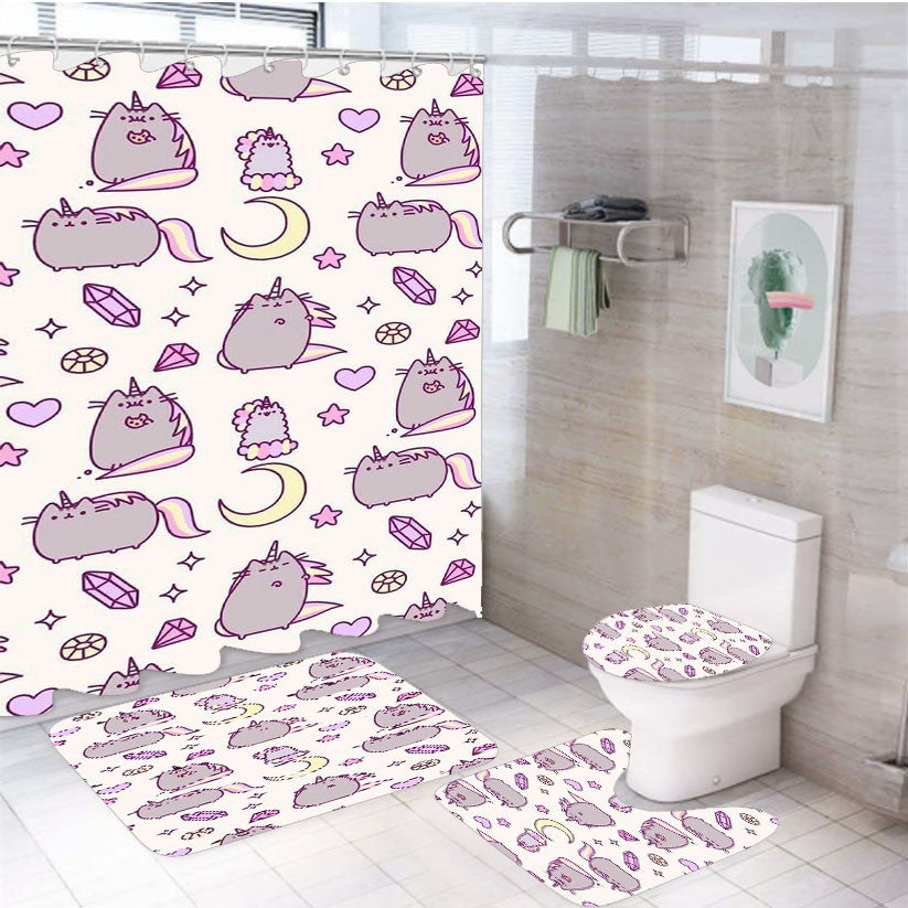 Pusheen Diamond Pattern 4Pcs Bathroom Non-Slip Rugs Shower Curtain Fabric Waterproof