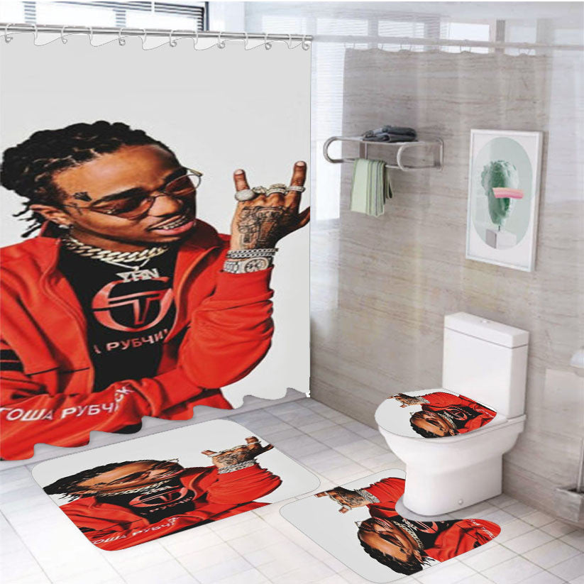 Quavo Migos Culture 4Pcs Bathroom Non-Slip Rugs Shower Curtain Fabric Waterproof