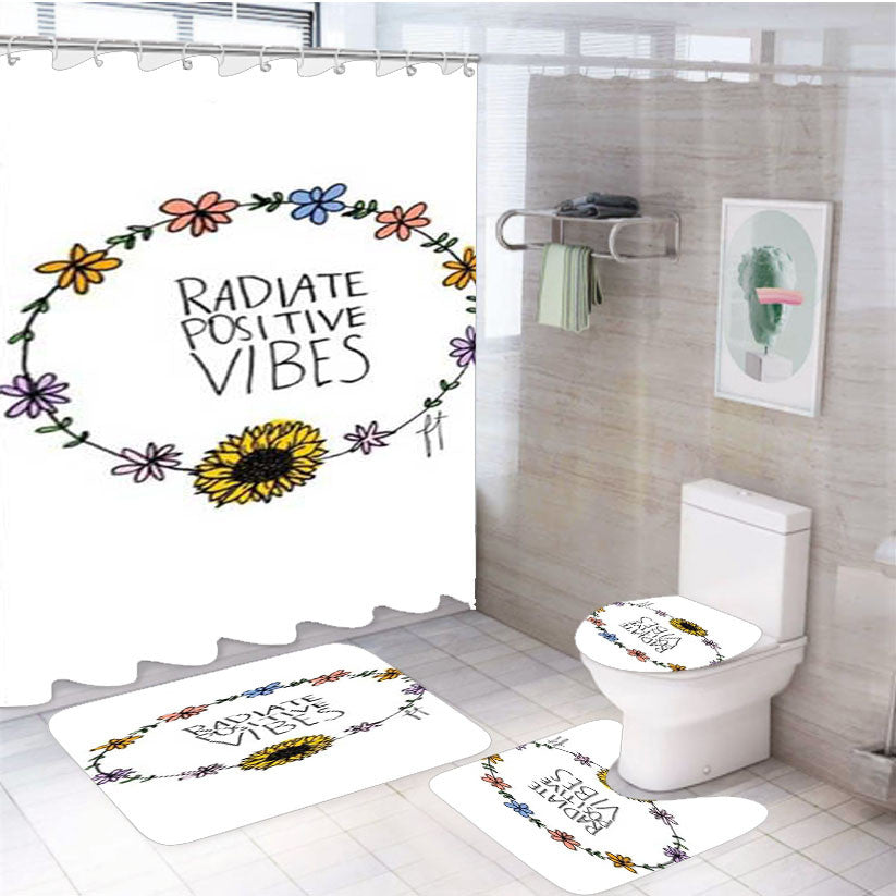 Radiate Positive Vibes Flowers 4Pcs Bathroom Non-Slip Rugs Shower Curtain Fabric Waterproof