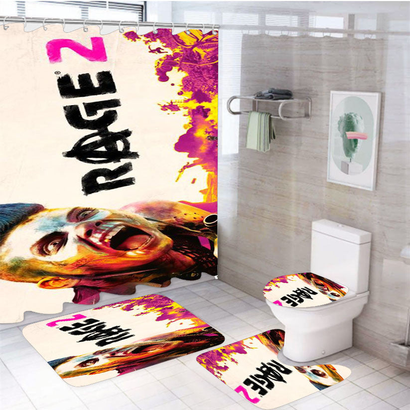 Rage Games Wallpaper 4Pcs Bathroom Non-Slip Rugs Shower Curtain Fabric Waterproof