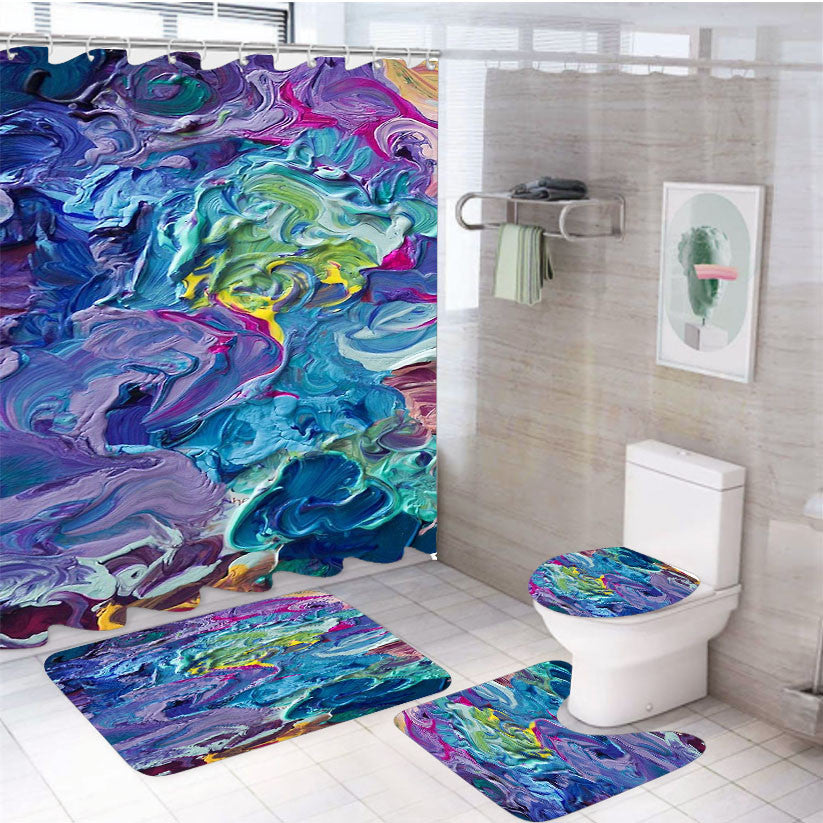 Rainbow Flow Abstraction 4Pcs Bathroom Non-Slip Rugs Shower Curtain Fabric Waterproof