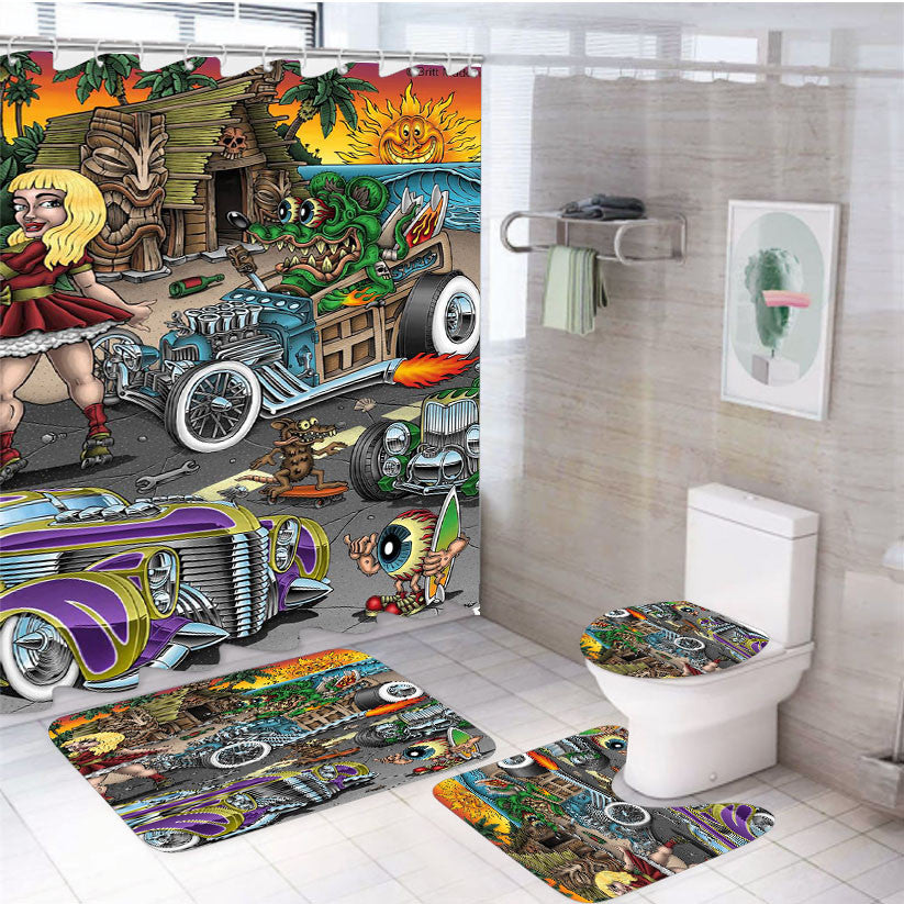 Rat Fink Speedless 4Pcs Bathroom Non-Slip Rugs Shower Curtain Fabric Waterproof