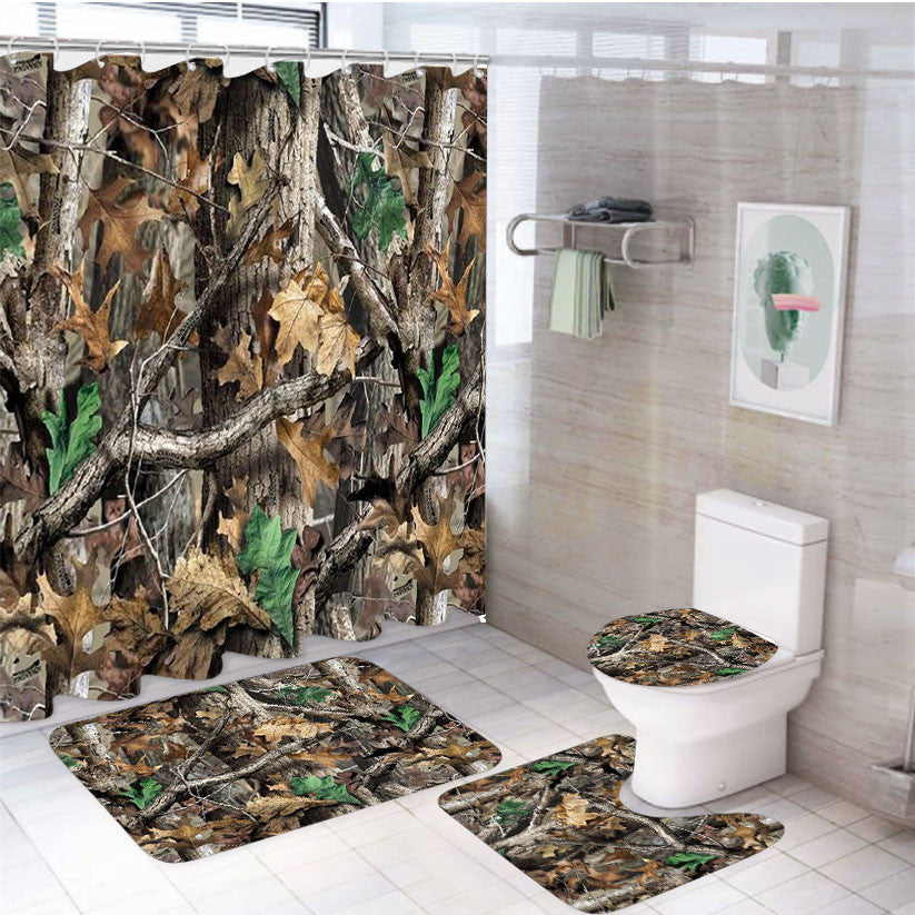 Realtree Ap Camo Hunting Outdoor 4Pcs Bathroom Non-Slip Rugs Shower Curtain Fabric Waterproof