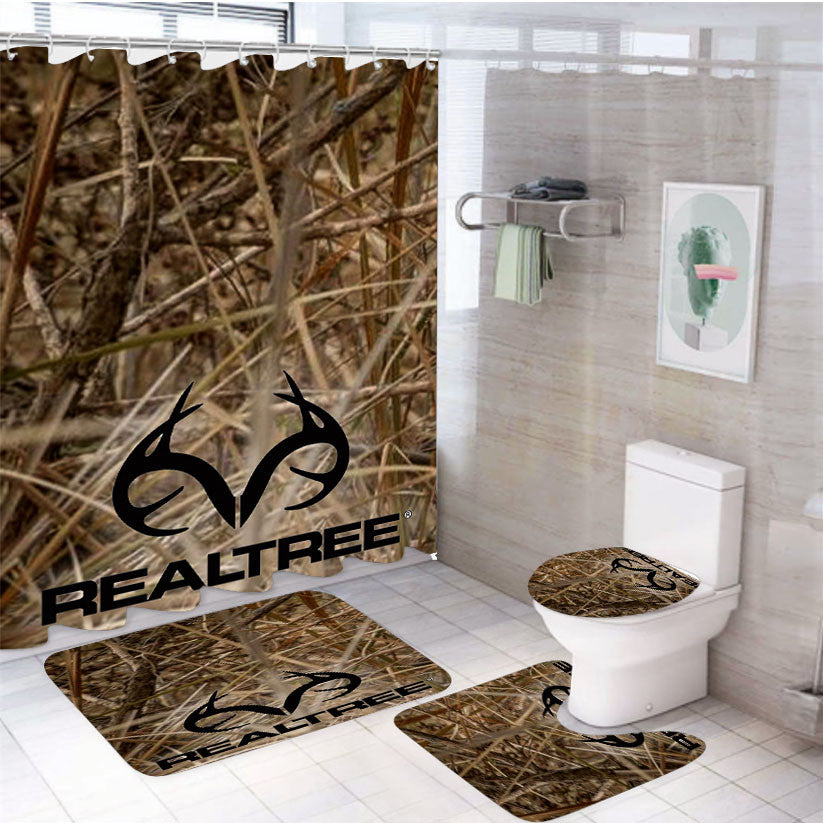 Realtree Camouflage Fabric 4Pcs Bathroom Non-Slip Rugs Shower Curtain Fabric Waterproof