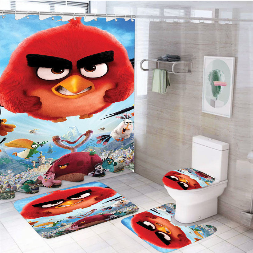 Red Angry Bird 4Pcs Bathroom Non-Slip Rugs Shower Curtain Fabric Waterproof