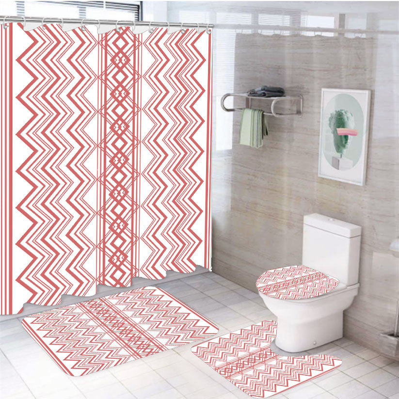 Red Aztec Zigzag Seamless Pattern 4Pcs Bathroom Non-Slip Rugs Shower Curtain Fabric Waterproof