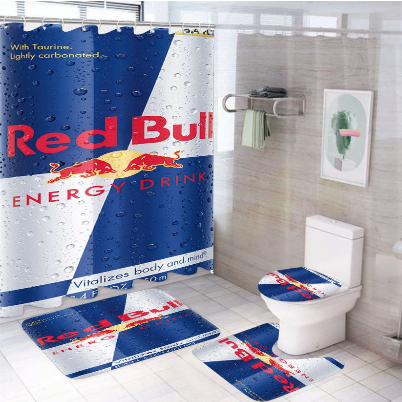Red Bull 50 Ml Energy Drink Ice Ca 4Pcs Bathroom Non-Slip Rugs Shower Curtain Fabric Waterproof