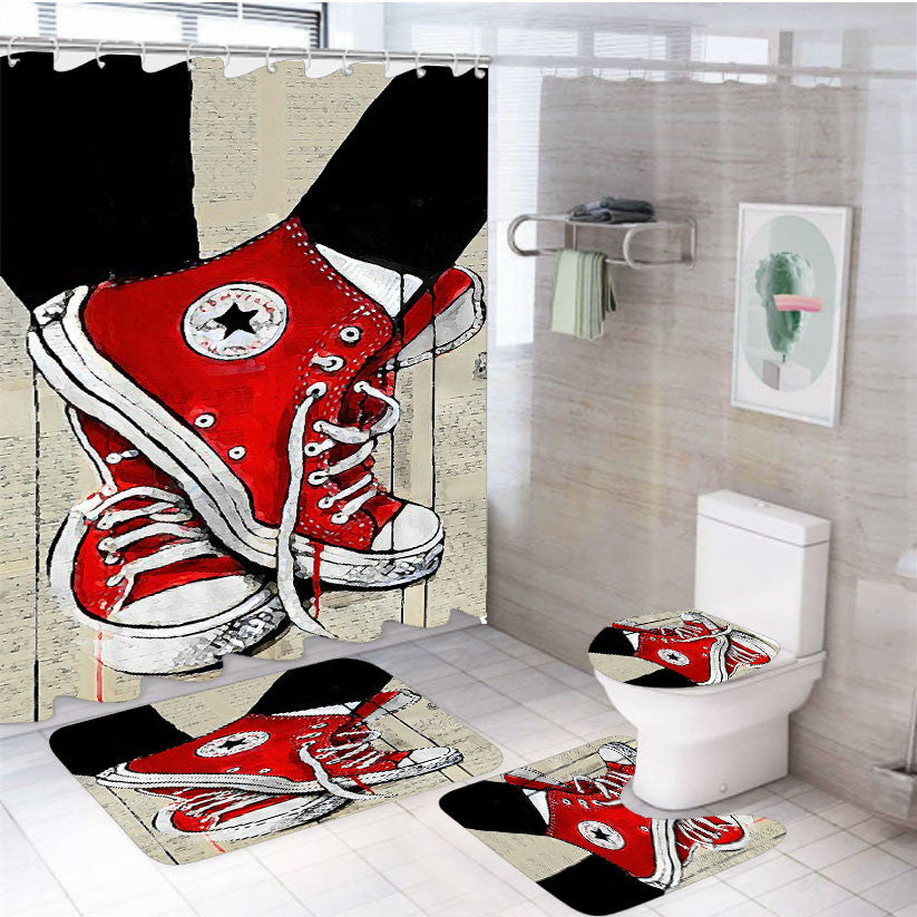 Red Converse Painting 4Pcs Bathroom Non-Slip Rugs Shower Curtain Fabric Waterproof