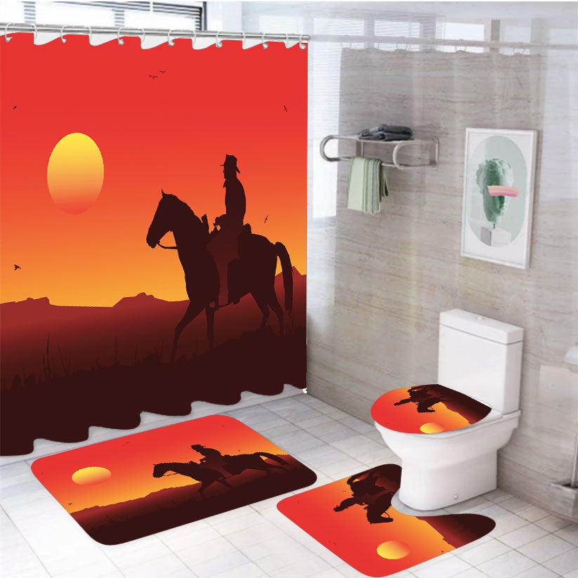 Red Dead Redemption Hor 4Pcs Bathroom Non-Slip Rugs Shower Curtain Fabric Waterproof