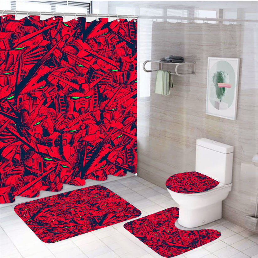 Red Gundam Camo Magenta 4Pcs Bathroom Non-Slip Rugs Shower Curtain Fabric Waterproof