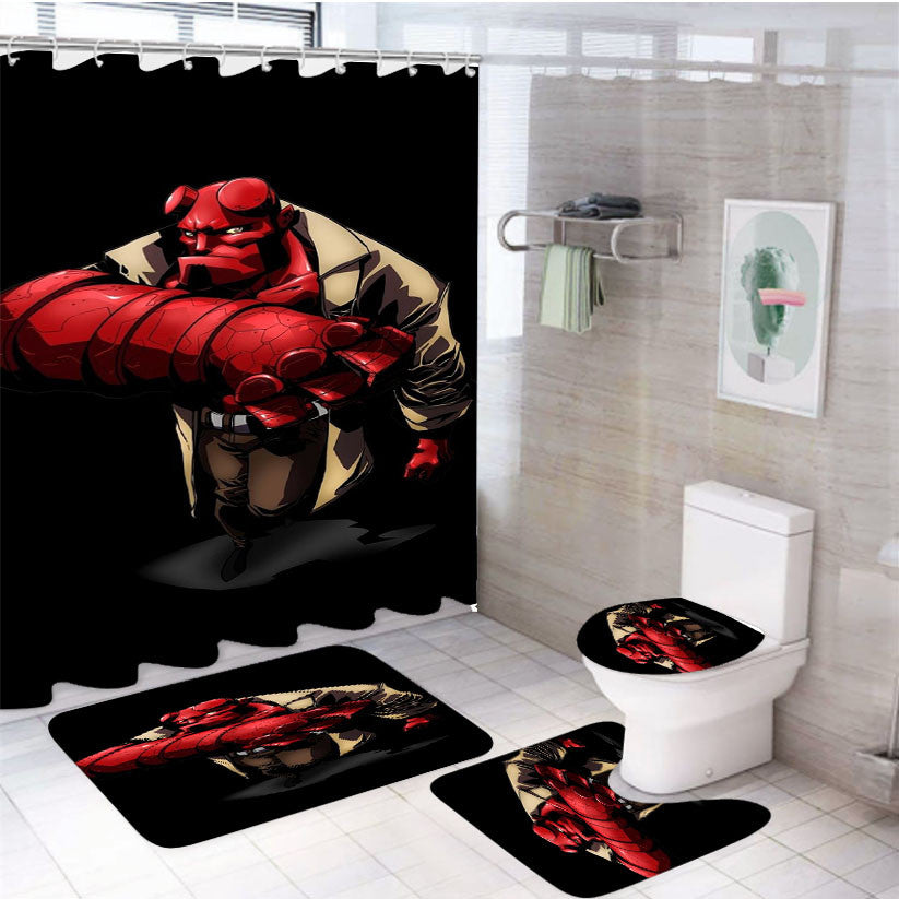 Red Hellboy In Black 4Pcs Bathroom Non-Slip Rugs Shower Curtain Fabric Waterproof