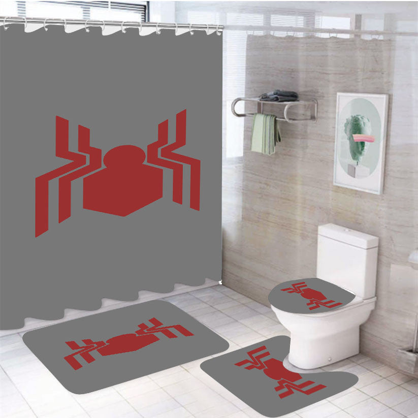 Red Homecoming Spiderman Logo 4Pcs Bathroom Non-Slip Rugs Shower Curtain Fabric Waterproof