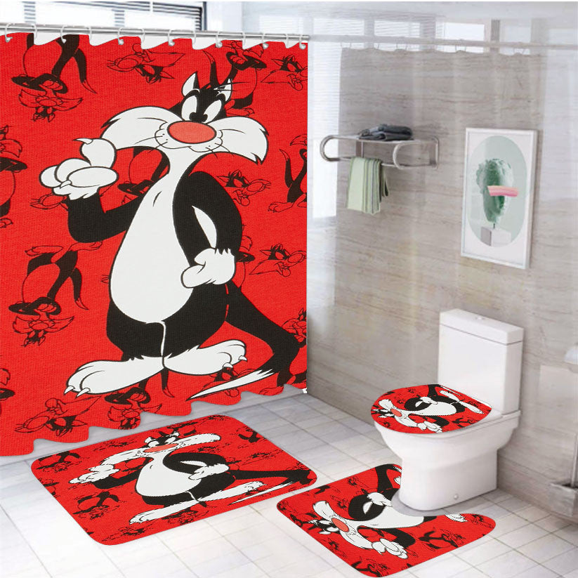 Red Pattern Sylvester 4Pcs Bathroom Non-Slip Rugs Shower Curtain Fabric Waterproof