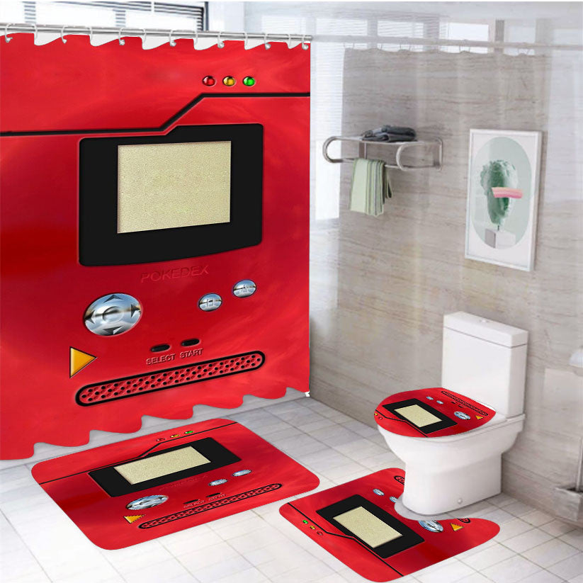 Red Retro Pokedex 4Pcs Bathroom Non-Slip Rugs Shower Curtain Fabric Waterproof