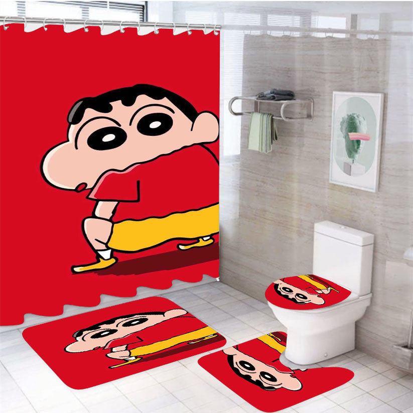 Red Shin Chan 4Pcs Bathroom Non-Slip Rugs Shower Curtain Fabric Waterproof