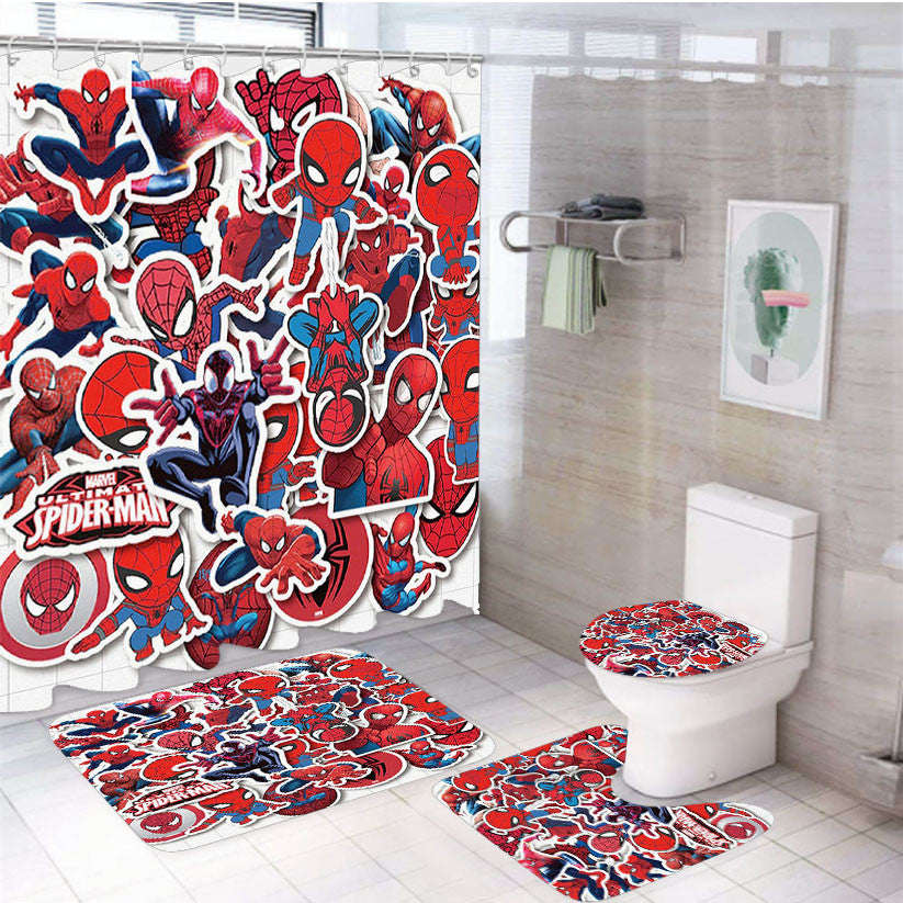 Red Spiderman Cartoon Movie Comic Sticker Collection 4Pcs Bathroom Non-Slip Rugs Shower Curtain Fabric Waterproof