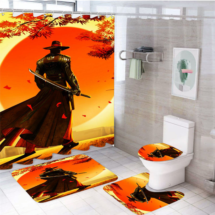 Red Steel 4Pcs Bathroom Non-Slip Rugs Shower Curtain Fabric Waterproof