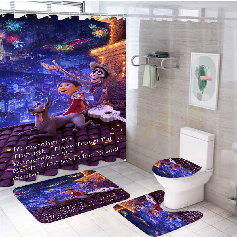 Remember Me Lyrics Coco Disney Movie 4Pcs Bathroom Non-Slip Rugs Shower Curtain Fabric Waterproof