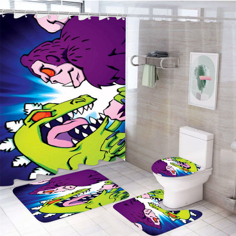 Reptar Vs Thorg Rugrats Wallpaper 4Pcs Bathroom Non-Slip Rugs Shower Curtain Fabric Waterproof