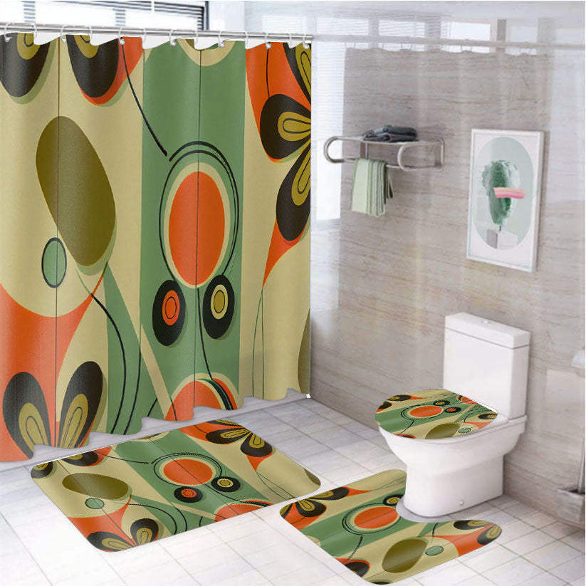Retro 60S Mid Century Modern Daisy 4Pcs Bathroom Non-Slip Rugs Shower Curtain Fabric Waterproof