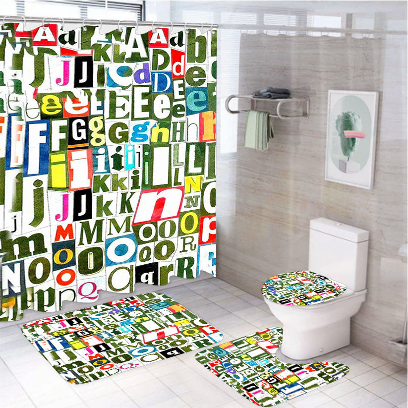 Retro Alphabet Green Collage 4Pcs Bathroom Non-Slip Rugs Shower Curtain Fabric Waterproof
