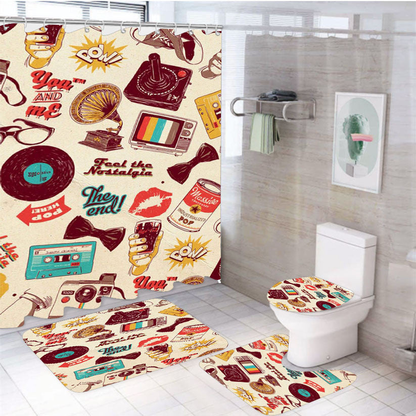 Retro Iphone Wallpaper Pattern 4Pcs Bathroom Non-Slip Rugs Shower Curtain Fabric Waterproof