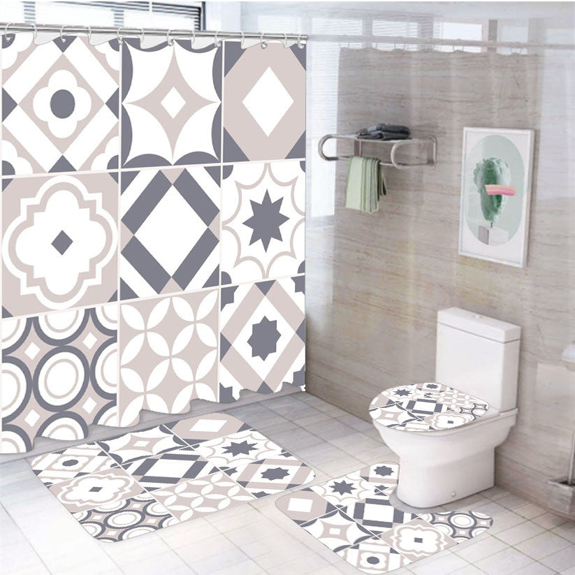 Retro Seamless Tile Pattern 4Pcs Bathroom Non-Slip Rugs Shower Curtain Fabric Waterproof