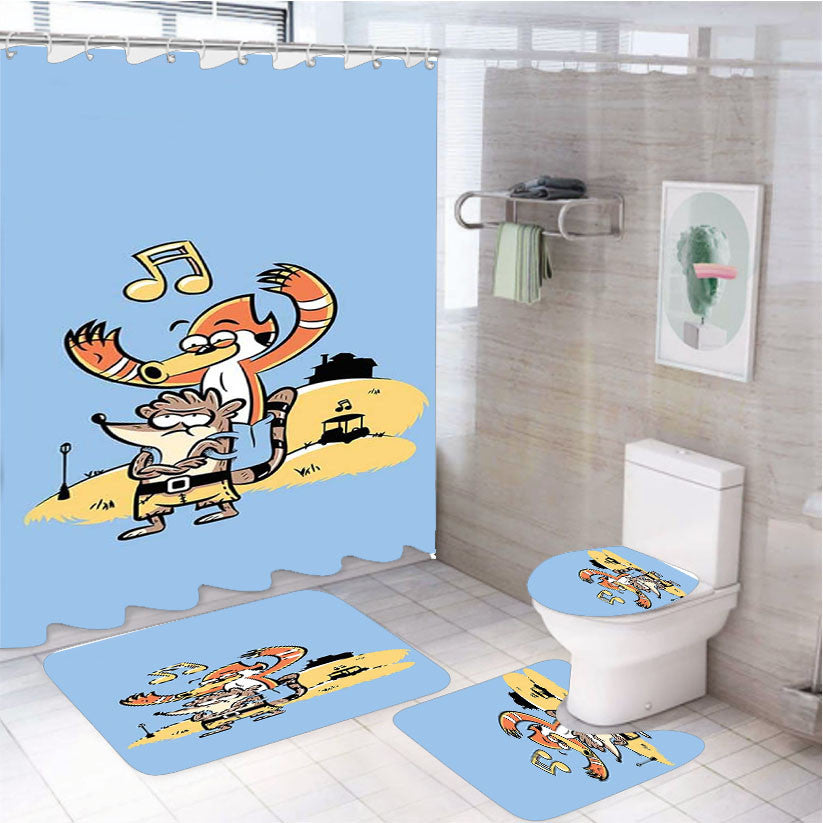 Rigby And Mordecai As Banjo And Kazooie 4Pcs Bathroom Non-Slip Rugs Shower Curtain Fabric Waterproof