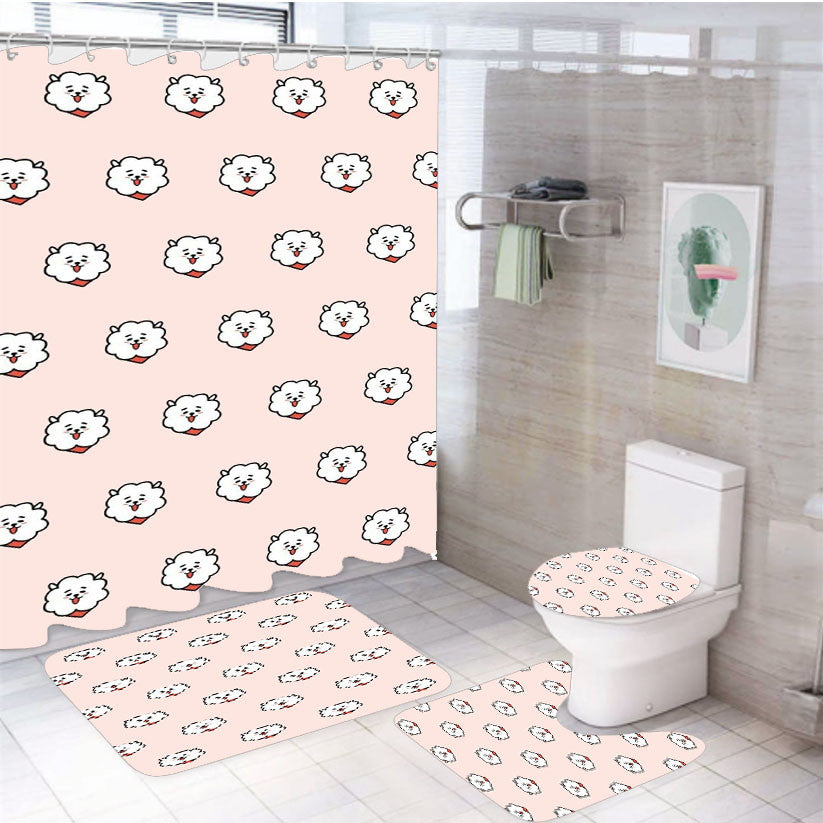 Rj Bt21 Jin Bts Pattern 4Pcs Bathroom Non-Slip Rugs Shower Curtain Fabric Waterproof