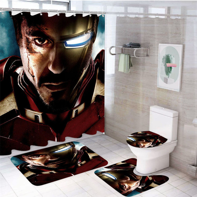 Robert Downey Jr Iron Man 4Pcs Bathroom Non-Slip Rugs Shower Curtain Fabric Waterproof