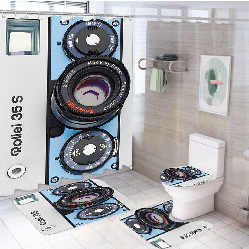 Rollei 5 S Blue Silver Retro Camera 4Pcs Bathroom Non-Slip Rugs Shower Curtain Fabric Waterproof