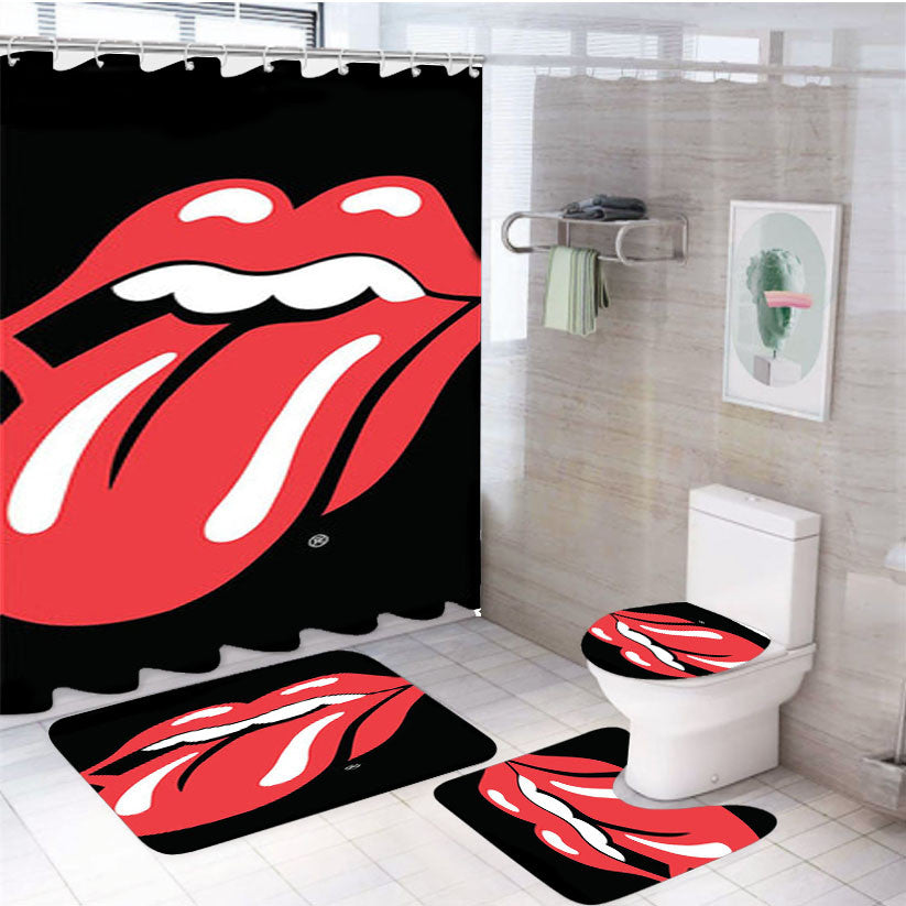 Rolling Stone Tongue Coaster 4Pcs Bathroom Non-Slip Rugs Shower Curtain Fabric Waterproof