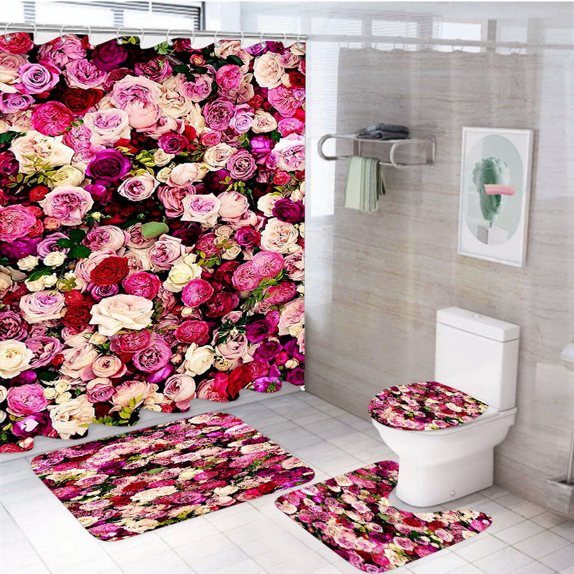 Rose Flower Pattern 4Pcs Bathroom Non-Slip Rugs Shower Curtain Fabric Waterproof